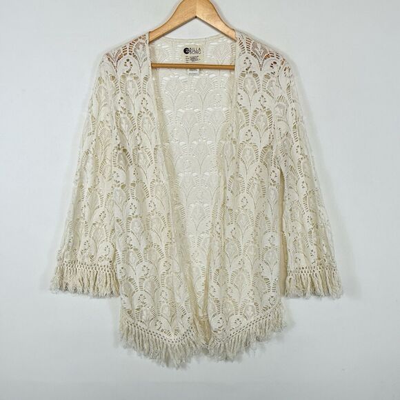 Billabong Ivory Knit Lace Fringe Boho Open Front Cardigan Sweater Women's Medium - Picture 1 of 7